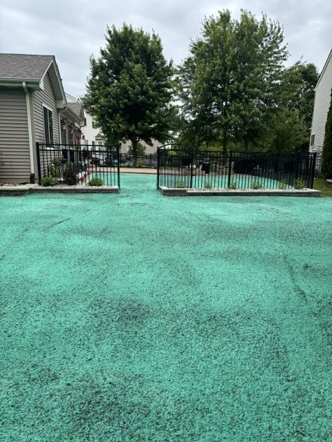 Fresh hydromulch on a fenced residential backyard